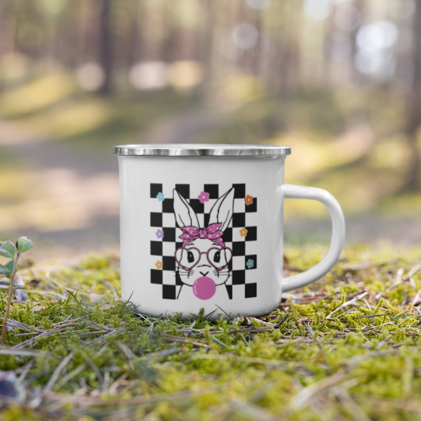 Pink Easter Bunny Checkered Enamel Mug