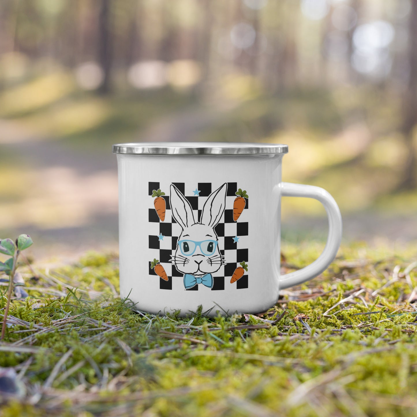 Blue Easter Bunny Checkered Enamel Mug